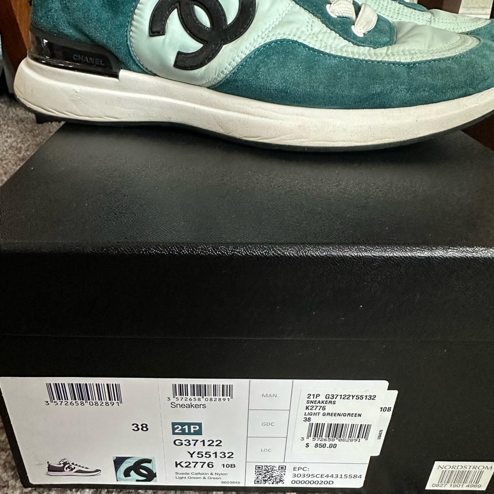 CHANEL Light Green Suede Nylon Sport Sneakers - Picture 2 of 9